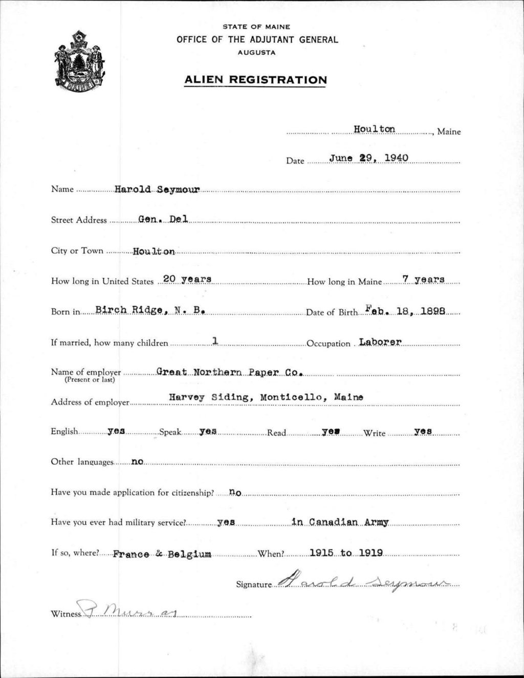 Miniature of Alien Registration- Seymour, Harold (Houlton, Aroostook County)