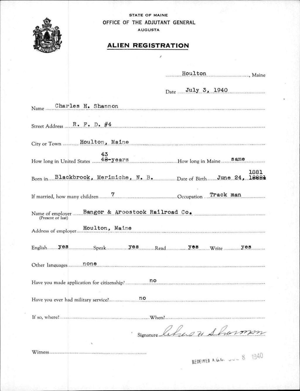 Miniature of Alien Registration- Shannon, Charles H. (Houlton, Aroostook County)