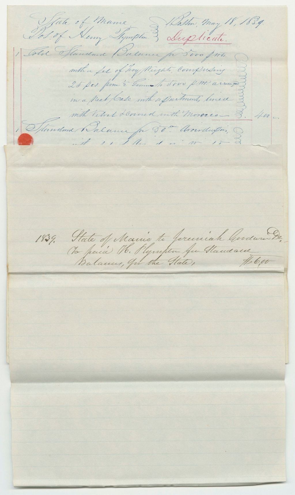 Miniature of Account of Jeremiah Goodwin for Procuring Standard Balances for the State