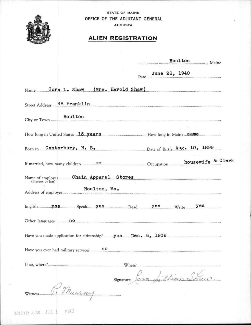 Miniature of Alien Registration- Shaw, Cora L. (Houlton, Aroostook County)