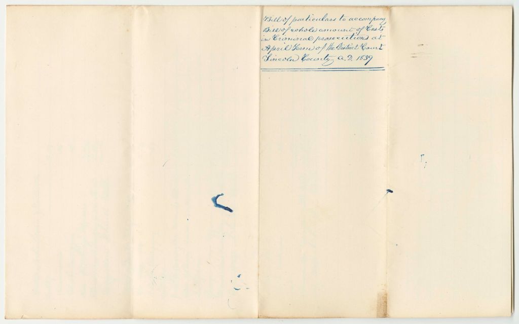 Miniature of Bill of Particulars to Accompany Billl of Whole Amount of Costs in Criminal Prosecutions at the April Term of the District Court in Lincoln County