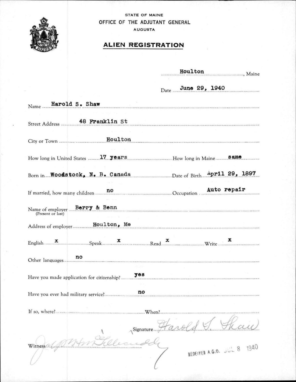 Miniature of Alien Registration- Shaw, Harold S. (Houlton, Aroostook County)