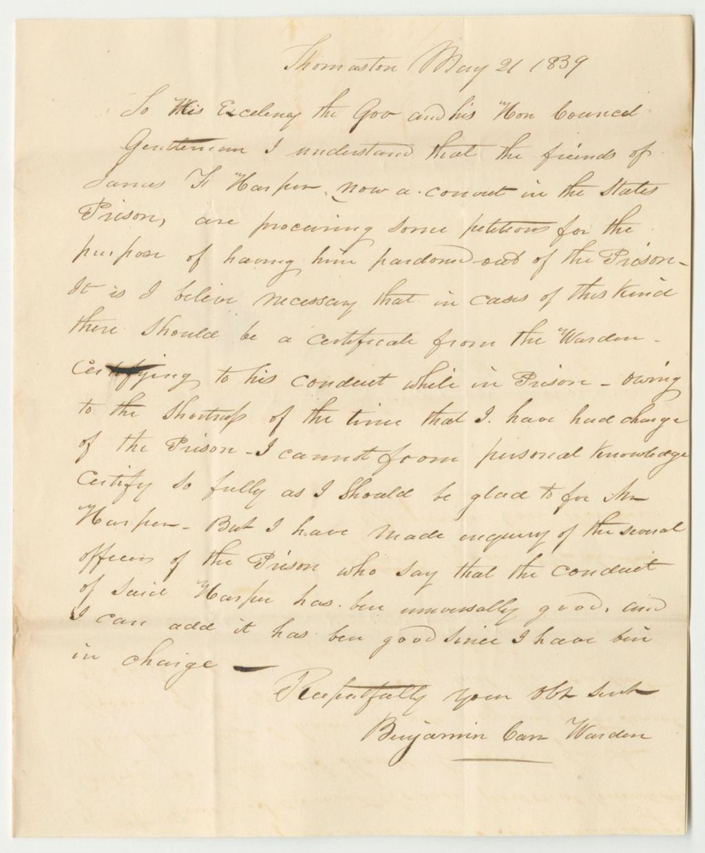 Miniature of Letter from Benjamin Carr, Warden, Relating to the Pardon of James F. Harper