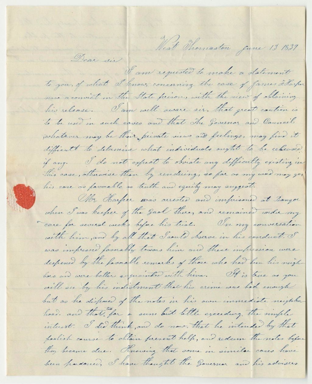 Miniature of Letter from Daniel Small, Relating to the Pardon of James F. Harper