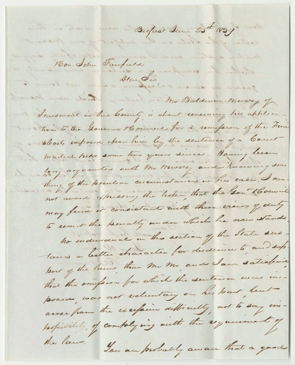 Miniature of Letter from C.I. Anderson, Relating to the Remission of the Sentence of Baldwin Mussey