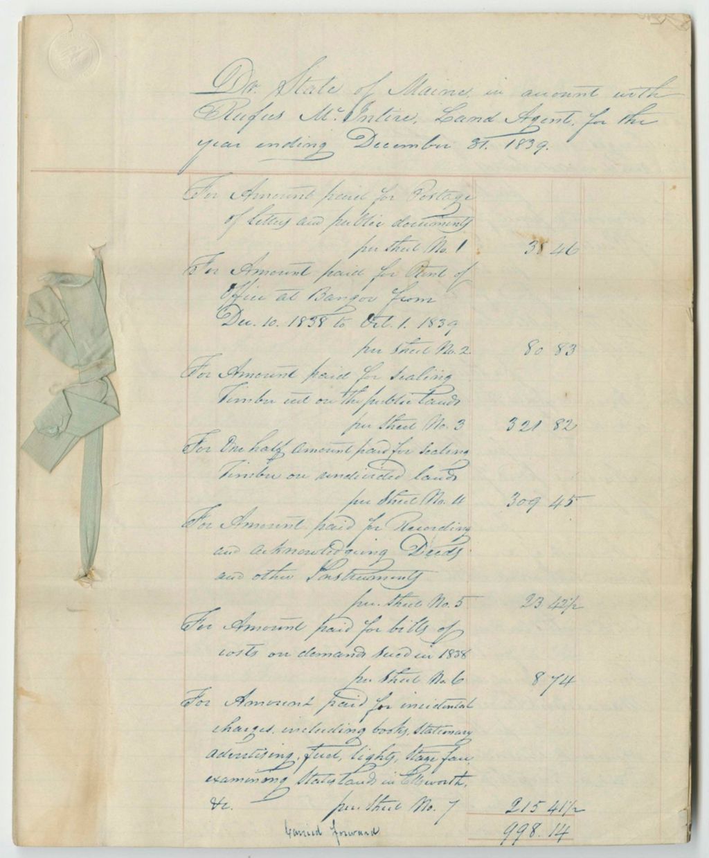 Miniature of Account of Rufus McIntire, Land Agent, for 1839