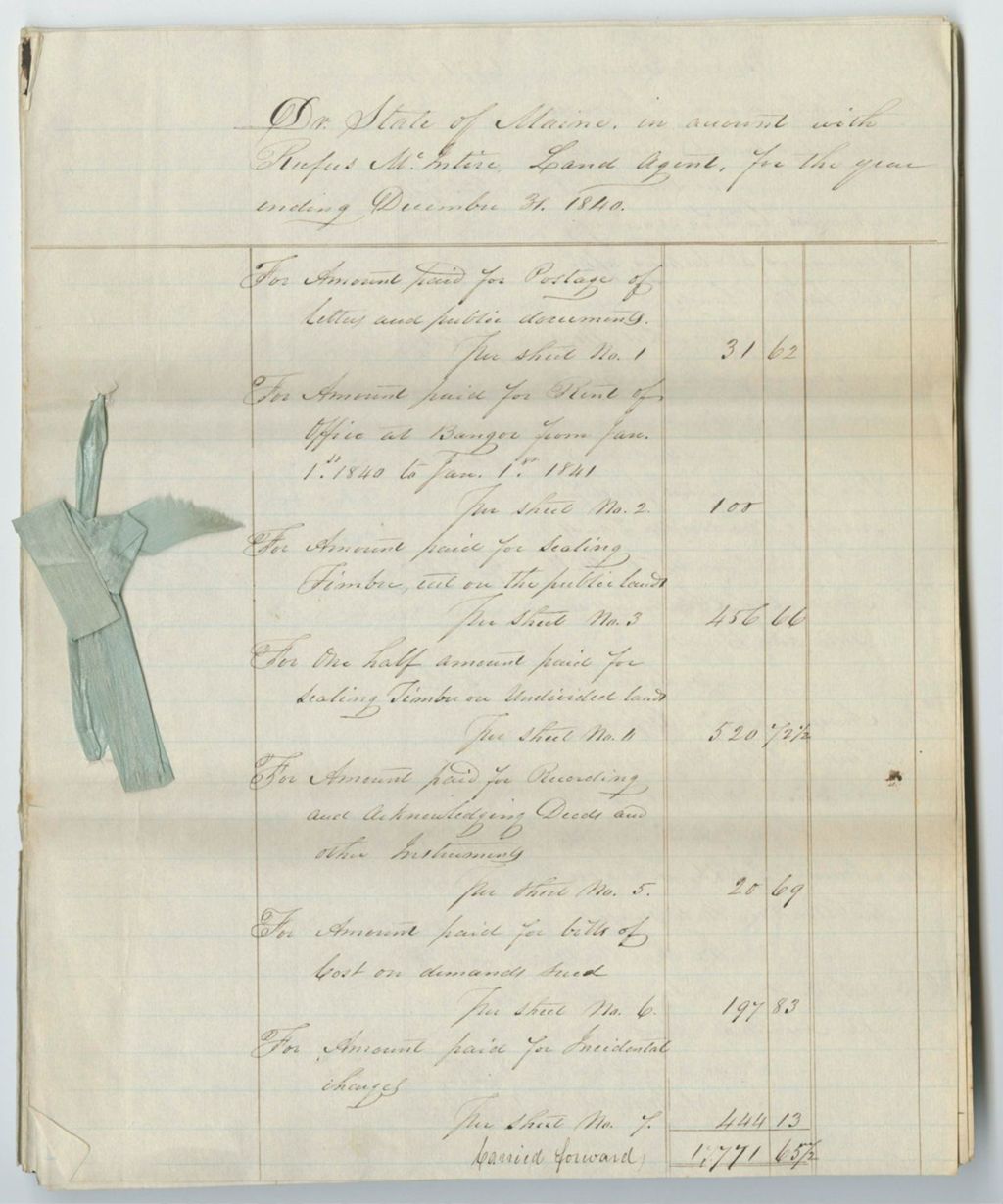 Miniature of Account of Rufus McIntire, Land Agent, for 1840