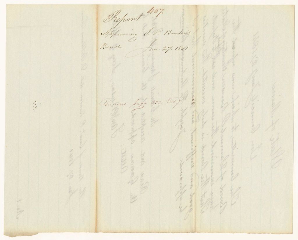 Miniature of Report 407: Report Approving the Bond of Samuel P. Benson