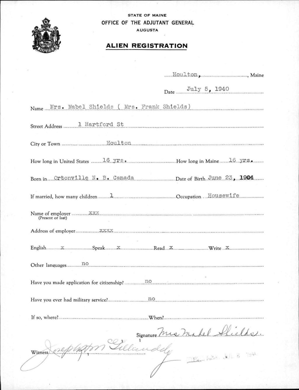 Miniature of Alien Registration- Shields, Mabel (Houlton, Aroostook County)