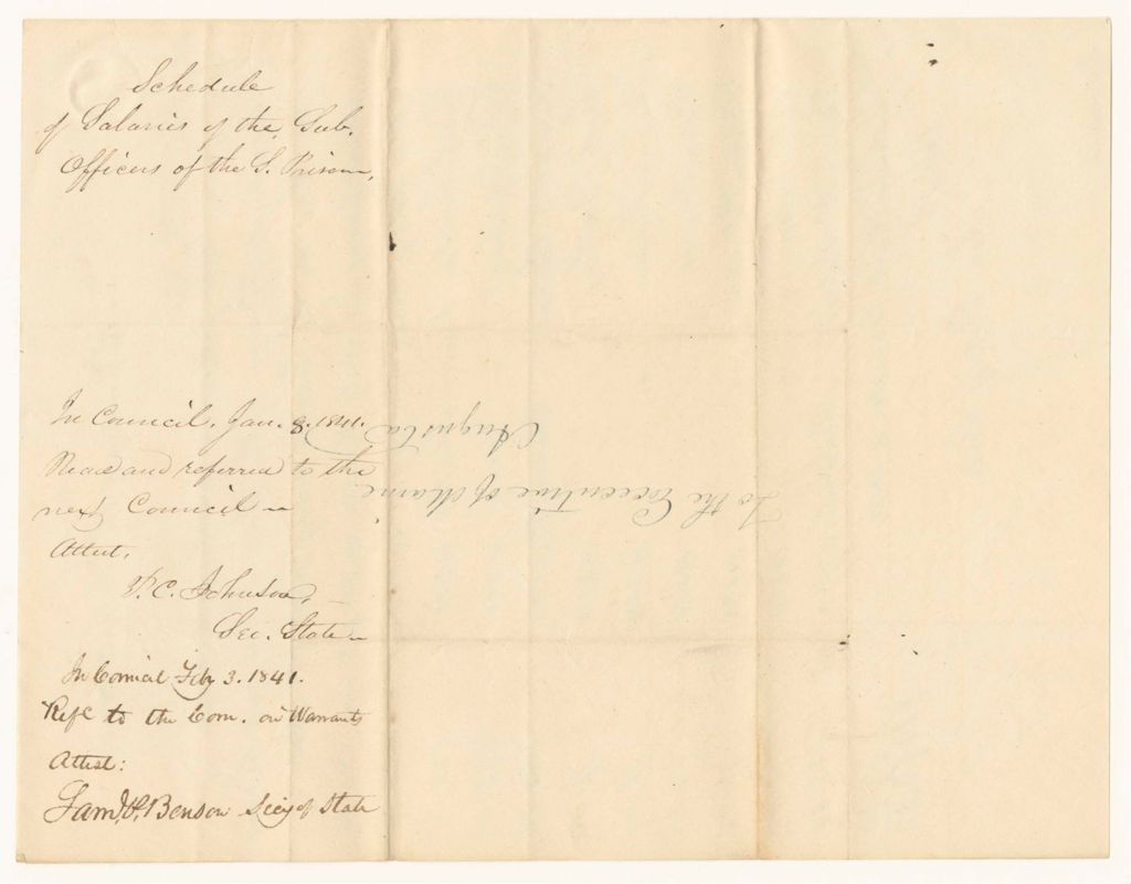 Miniature of Schedule of the Subordinate Officers of the State Prison and the Sums Due Them on the Quarter Ending December 31st 1840