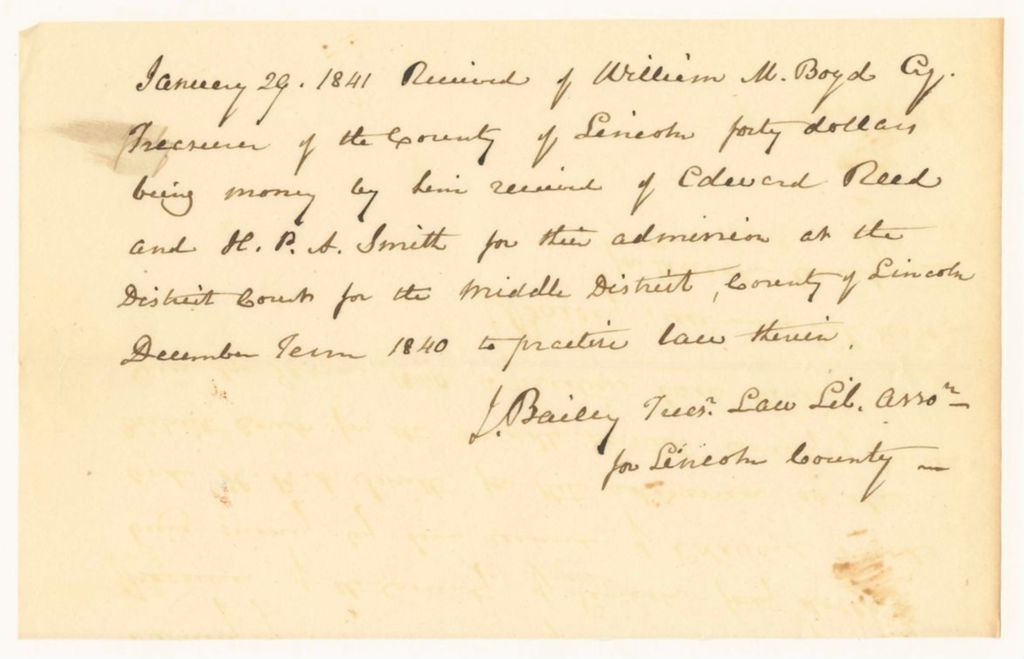 Miniature of J. Bailey's Bill for Edward Reed and H.P.A. Smith for Their Admission to the District Court for the Middle District in Lincoln County
