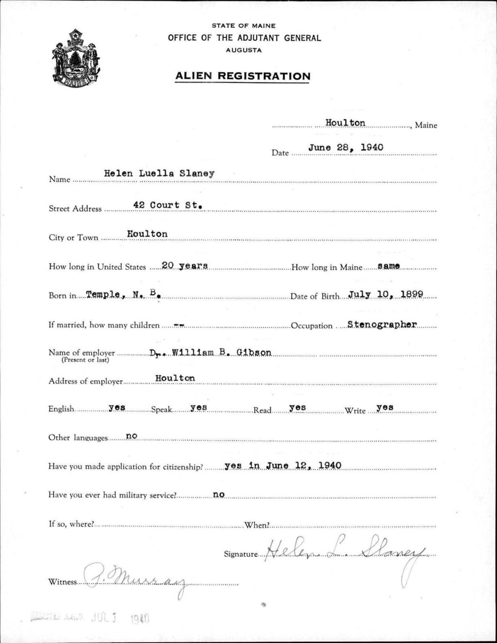 Miniature of Alien Registration- Slaney, Helen L. (Houlton, Aroostook County)
