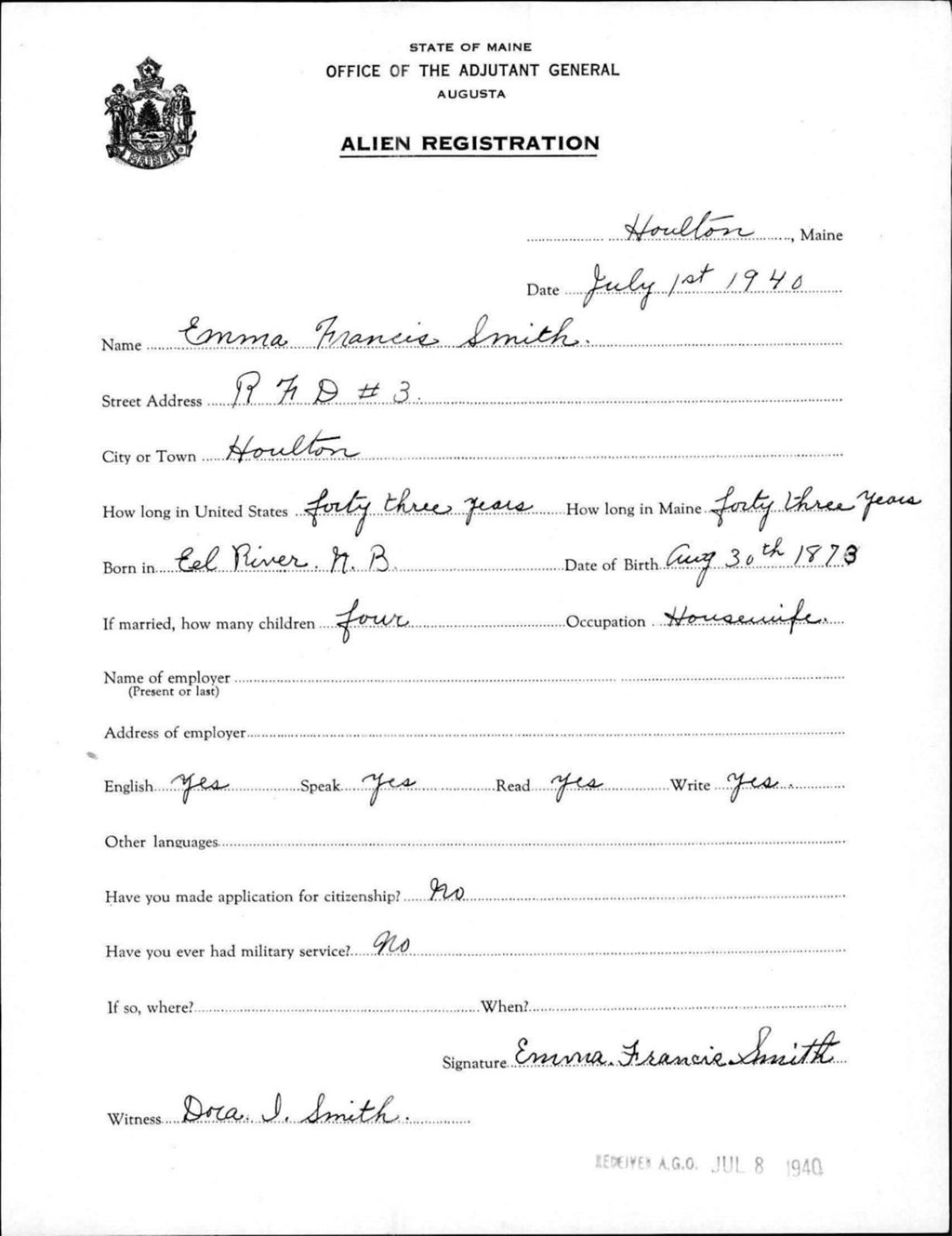 Miniature of Alien Registration- Smith, Emma F. (Houlton, Aroostook County)