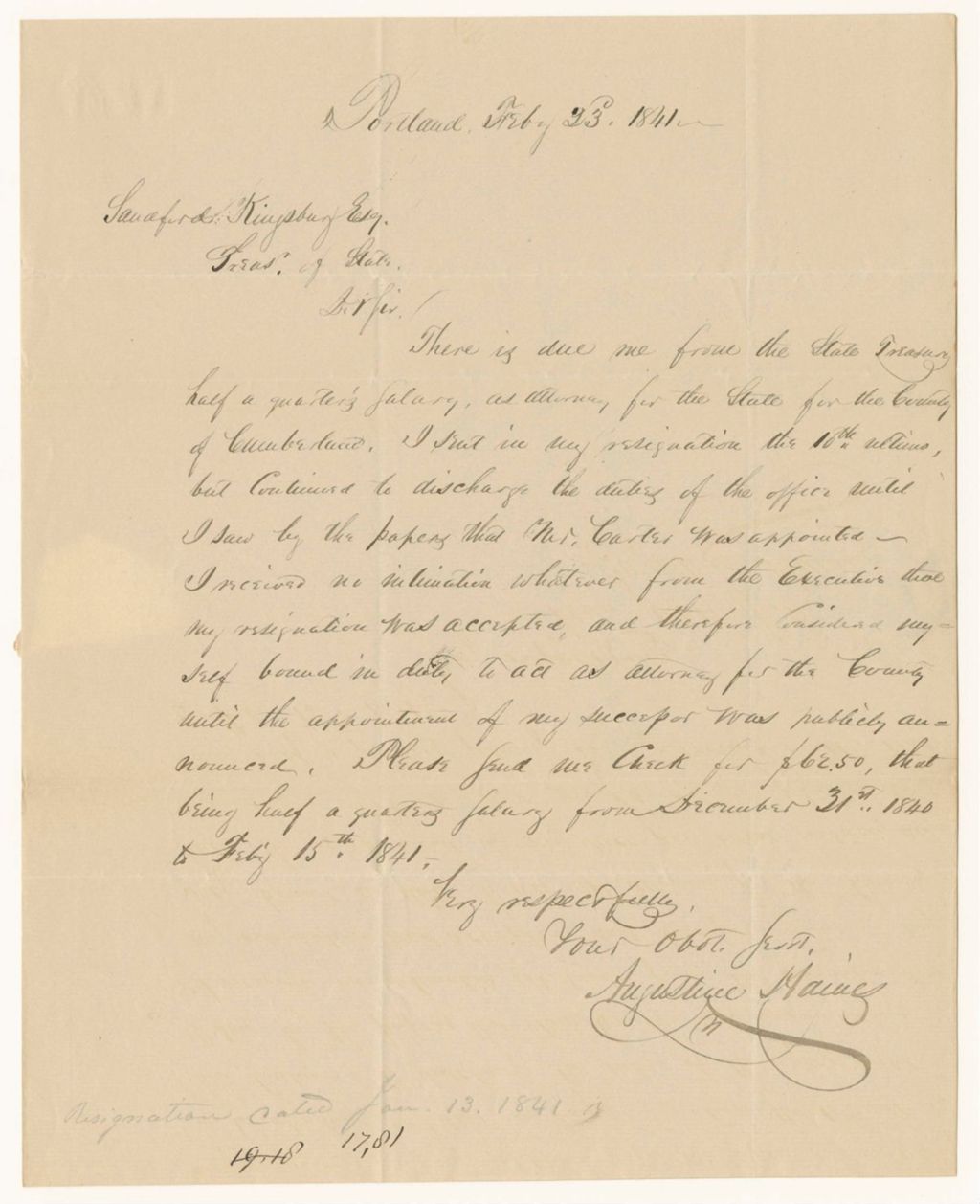 Miniature of Augustine Haines' request for salary due him as attorney of Cumberland