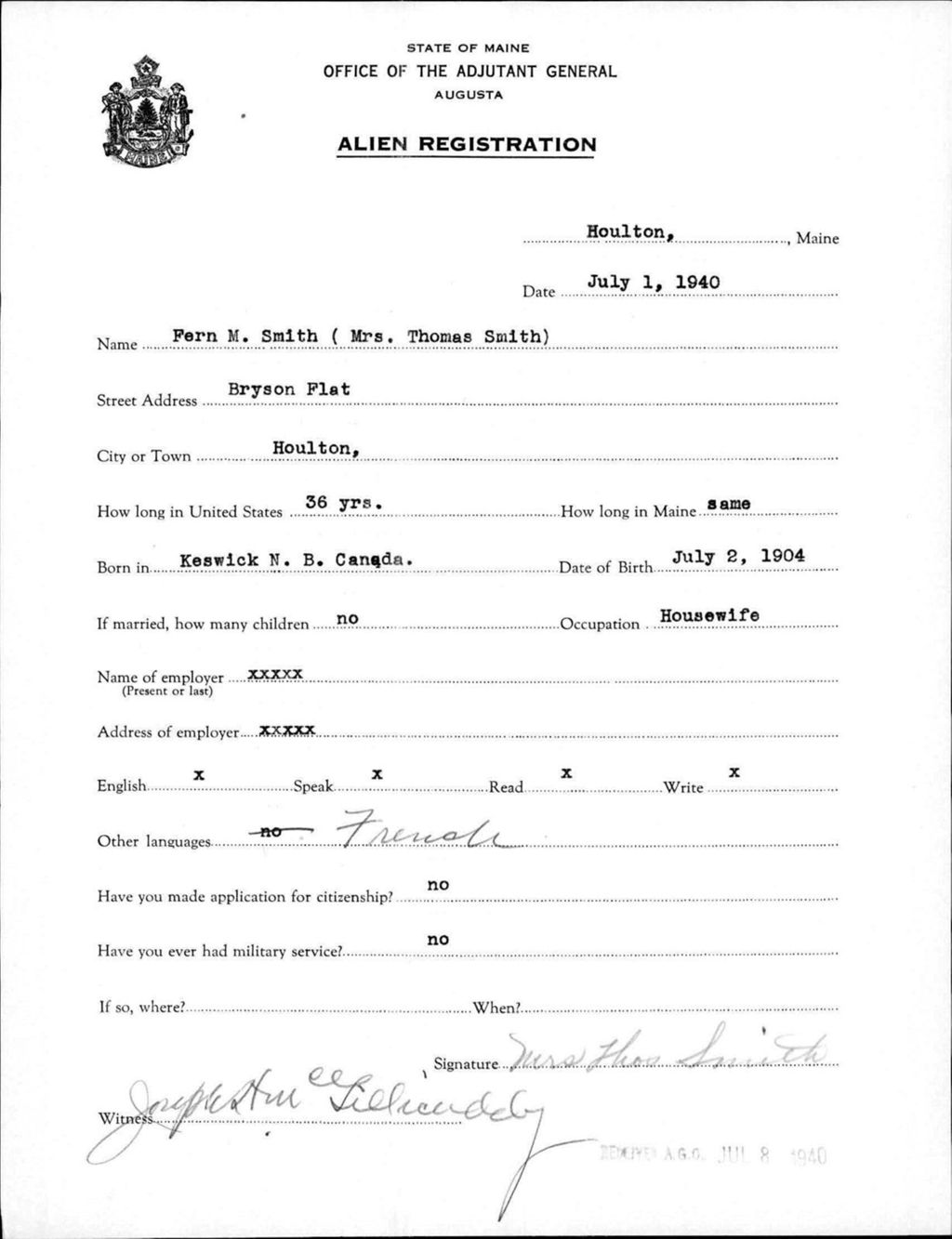 Miniature of Alien Registration- Smith, Fern M. (Houlton, Aroostook County)