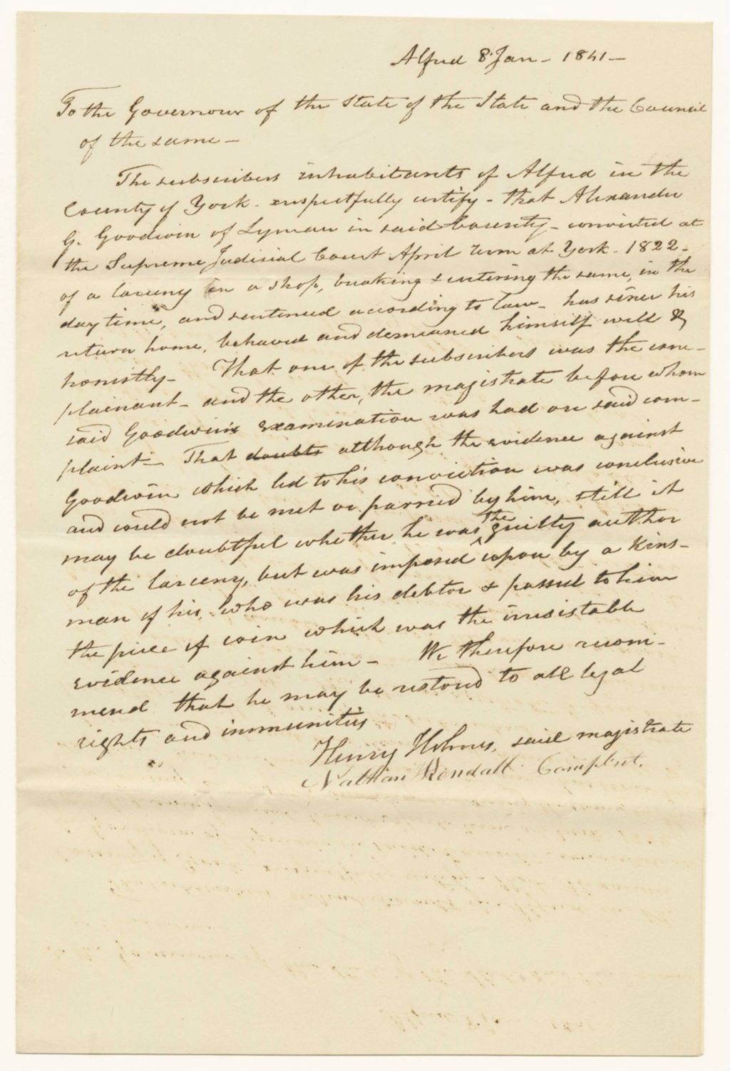 Miniature of Petition of Inhabitants of Lyman for the Pardon of Alexander G. Goodwin of Lyman