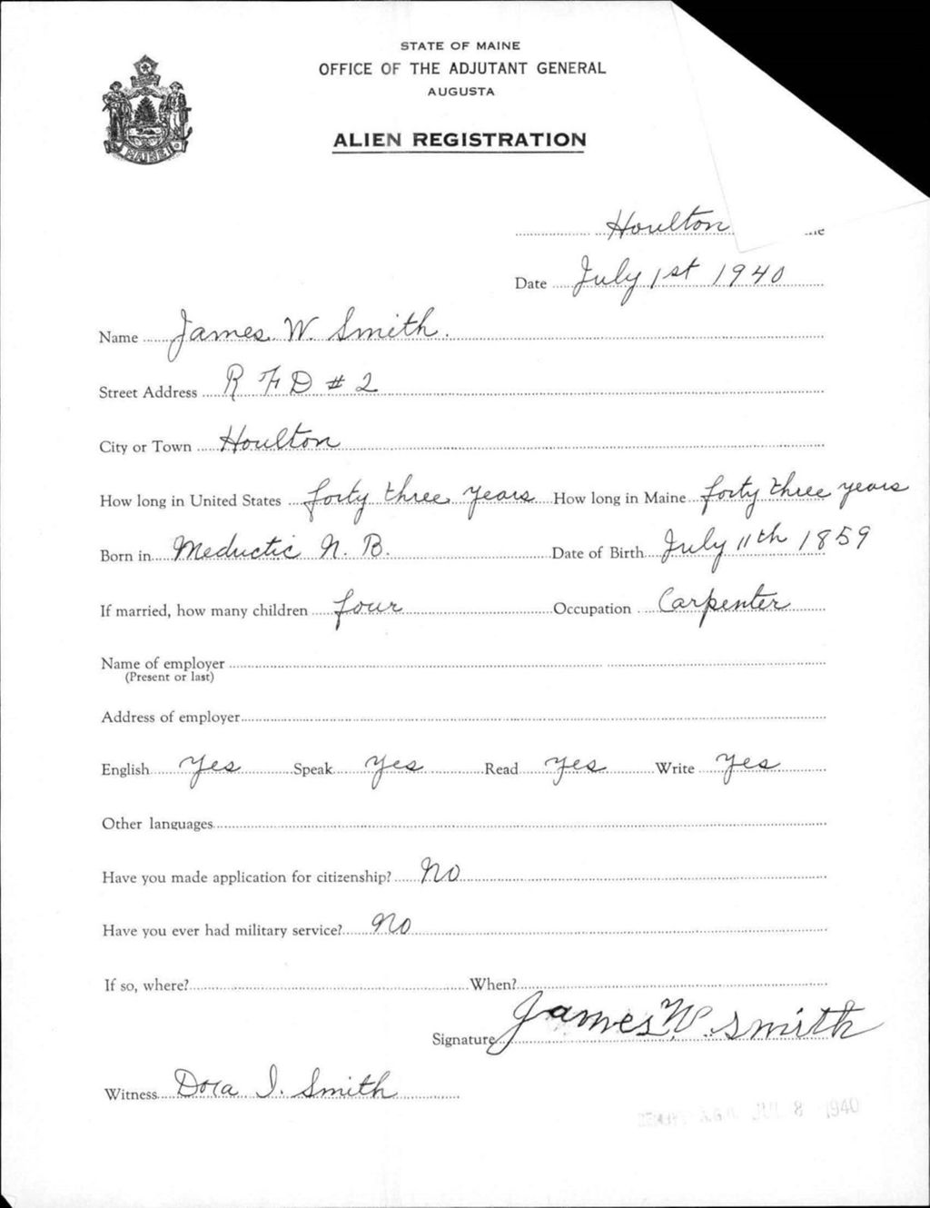 Miniature of Alien Registration- Smith, James W. (Houlton, Aroostook County)