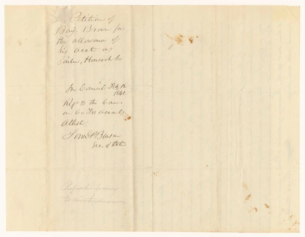 Miniature of Petition of Benjamin Brown for the Allowance of His Account as Jailor of Hancock County