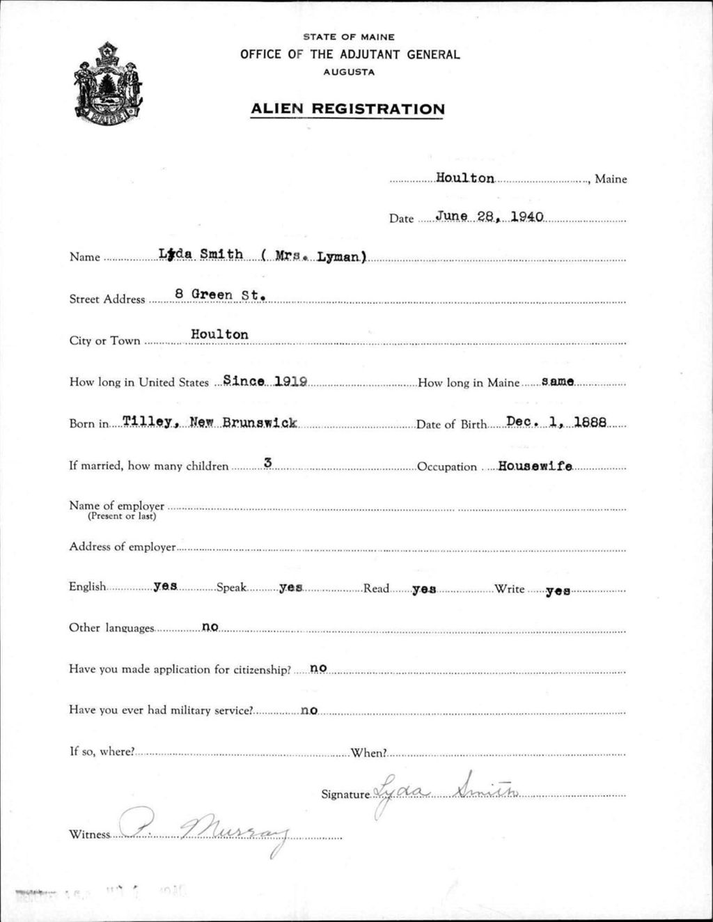 Miniature of Alien Registration- Smith, Lyda (Houlton, Aroostook County)