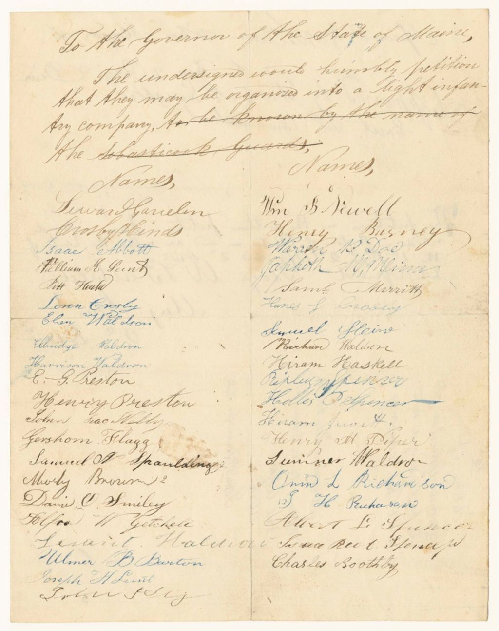 Miniature of Petition of Seward Garcelon and Others to be Organized into a Light Infantry Company