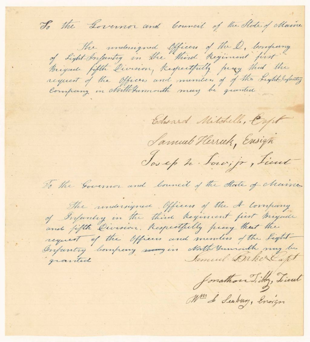 Miniature of Petition of the officers of the D Company of Light Infantry in the 3rd Regiment 1st Brigade 5th Division that the request of the members of the Light Infantry Company in North Yarmouth be granted