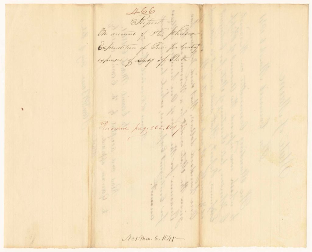 Miniature of Report 467: Report on the Account of Philip C. Johnson, the Late Secretary of State, Expenditure of Funds for Contingent Expenses of State