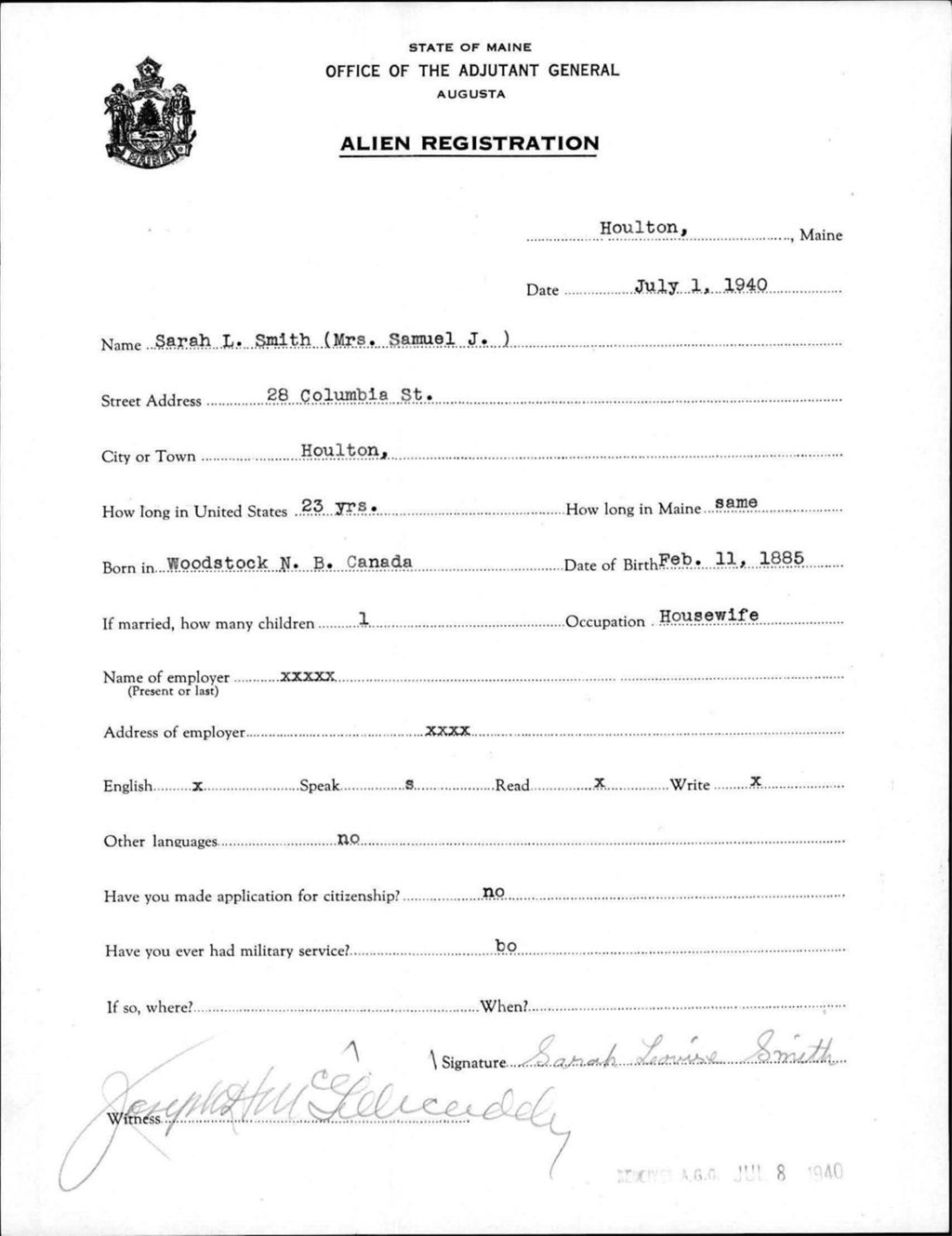 Miniature of Alien Registration- Smith, Sarah L. (Houlton, Aroostook County)