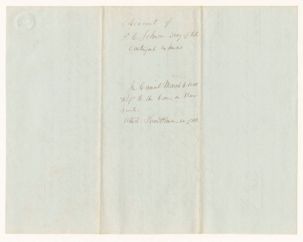Miniature of Account of Philip C. Johnson, the Late Secretary of State, Expenditure of Funds for Contingent Expenses of State