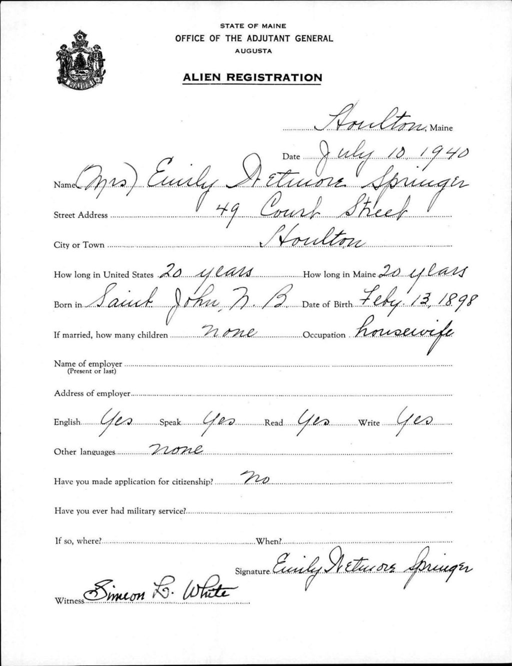 Miniature of Alien Registration- Springer, Emily W. (Houlton, Aroostook County)