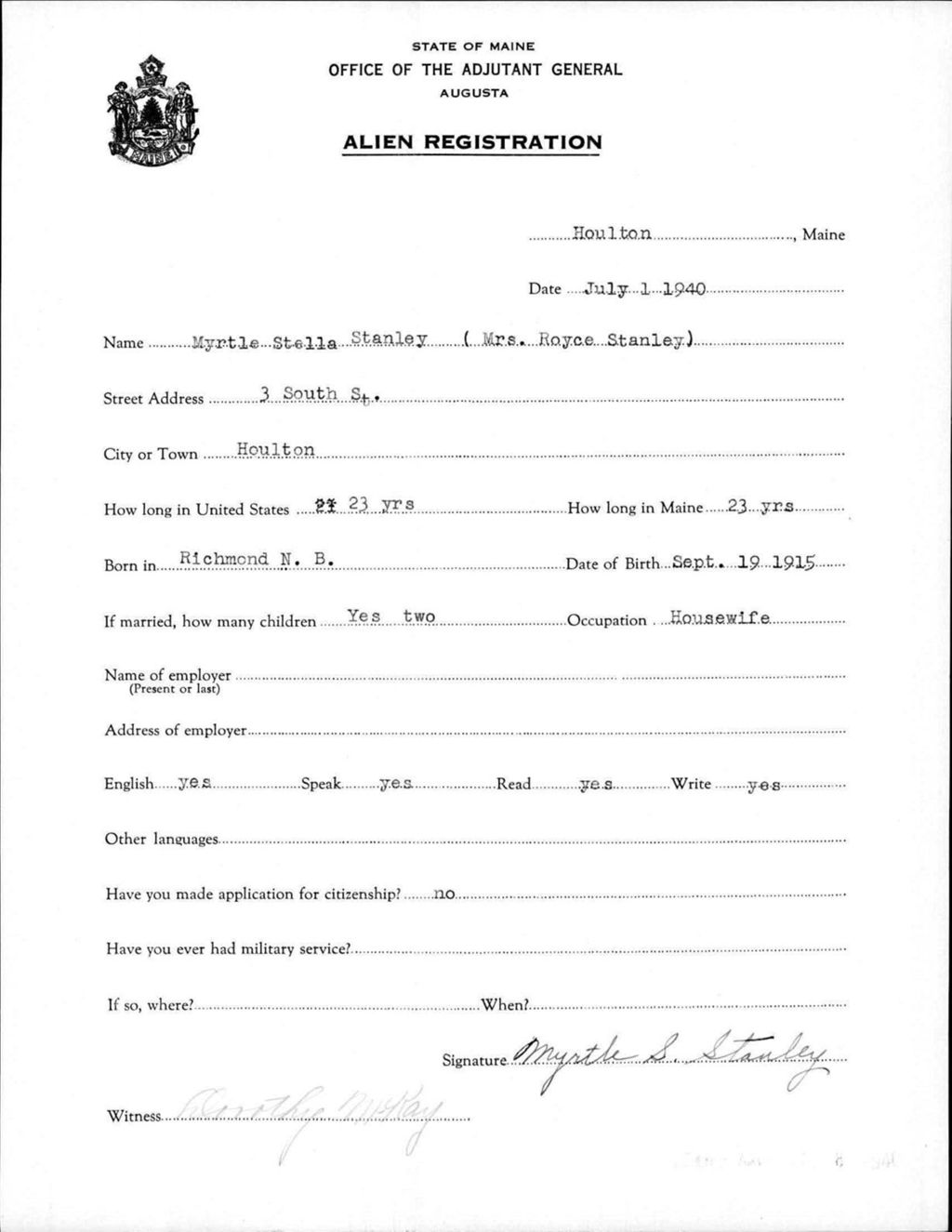 Miniature of Alien Registration- Stanley, Myrtle S. (Houlton, Aroostook County)