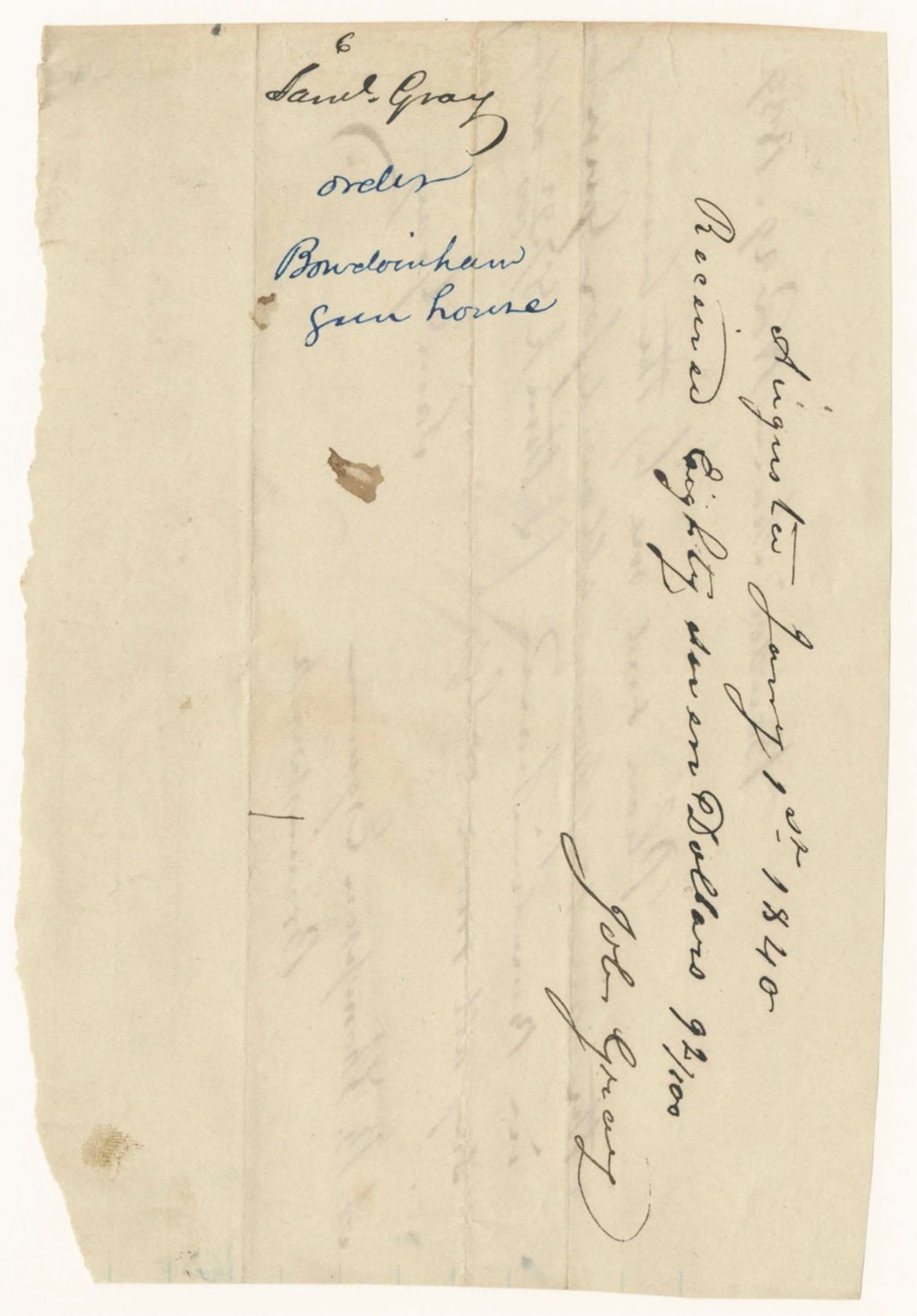 Miniature of Samuel Gray's order for money for the Bowdoinham Gun House