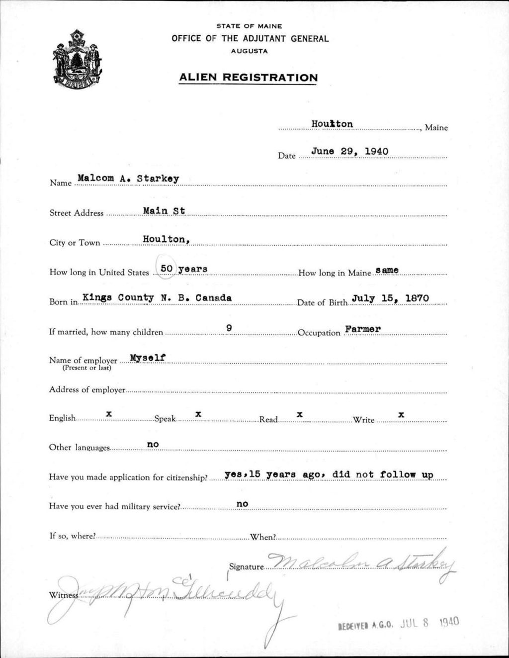 Miniature of Alien Registration- Starkey, Malcom A. (Houlton, Aroostook County)
