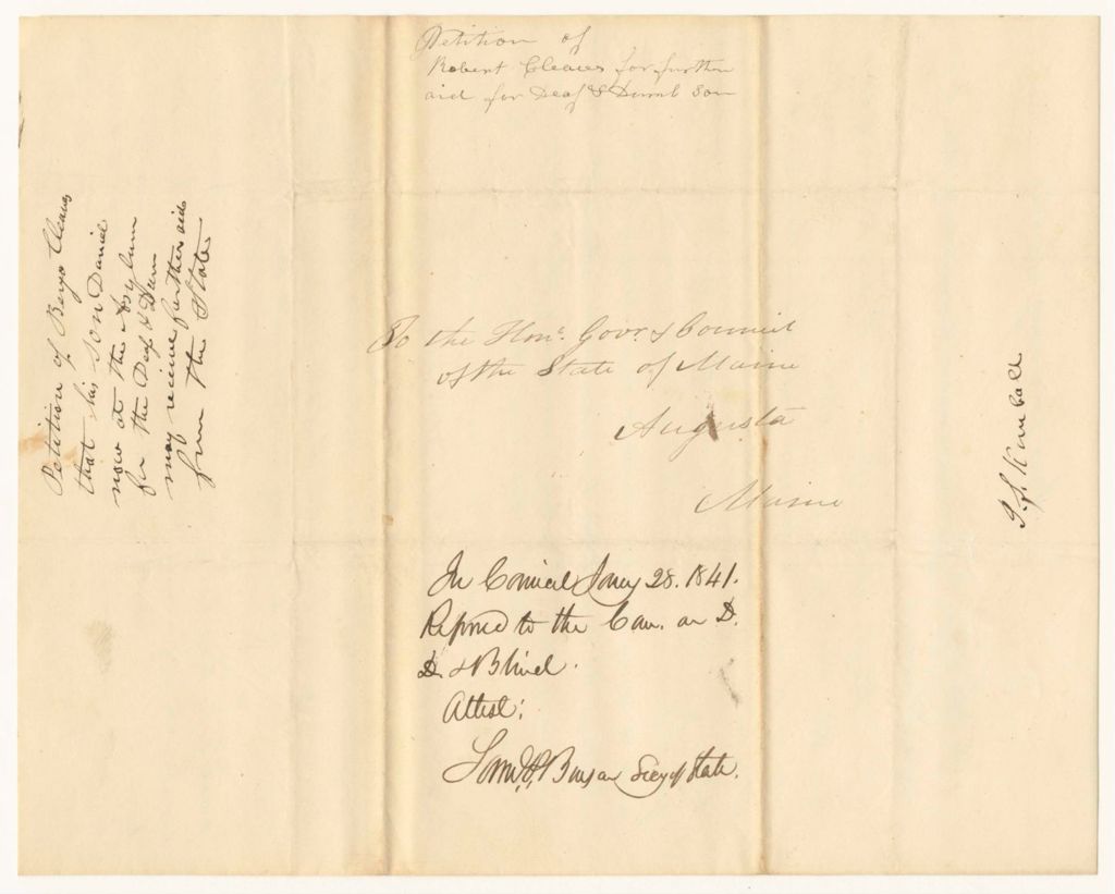 Miniature of Petition of Robert Cleaves that his son Daniel now at the Asylum for the Deaf & Dumb may receive further aid from the State