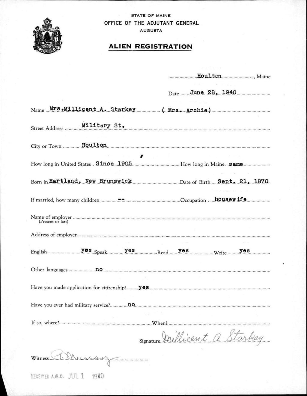 Miniature of Alien Registration- Starkey, Millicent A. (Houlton, Aroostook County)