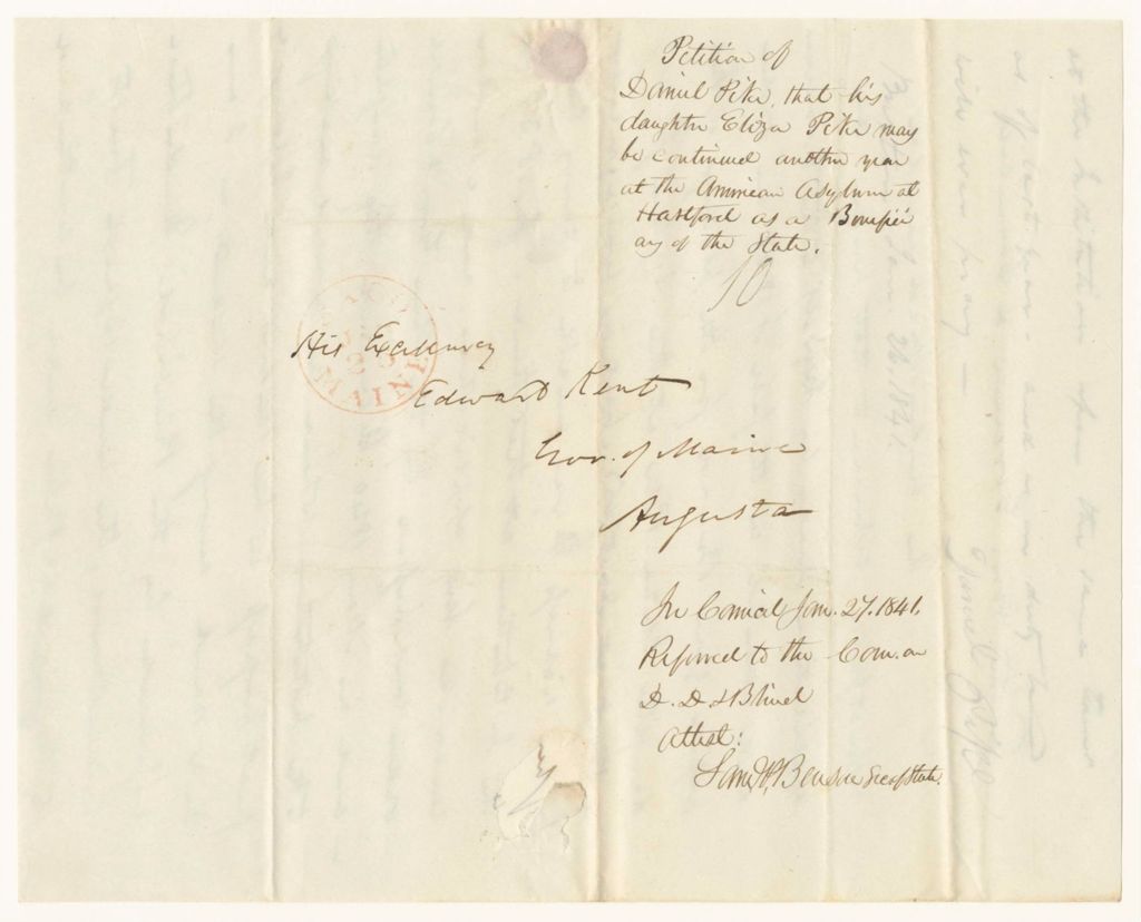 Miniature of Petition of Daniel Pike that his daughter Eliza Pike may be continued another year at the American Asylum at Hartford as a Beneficiary of the State
