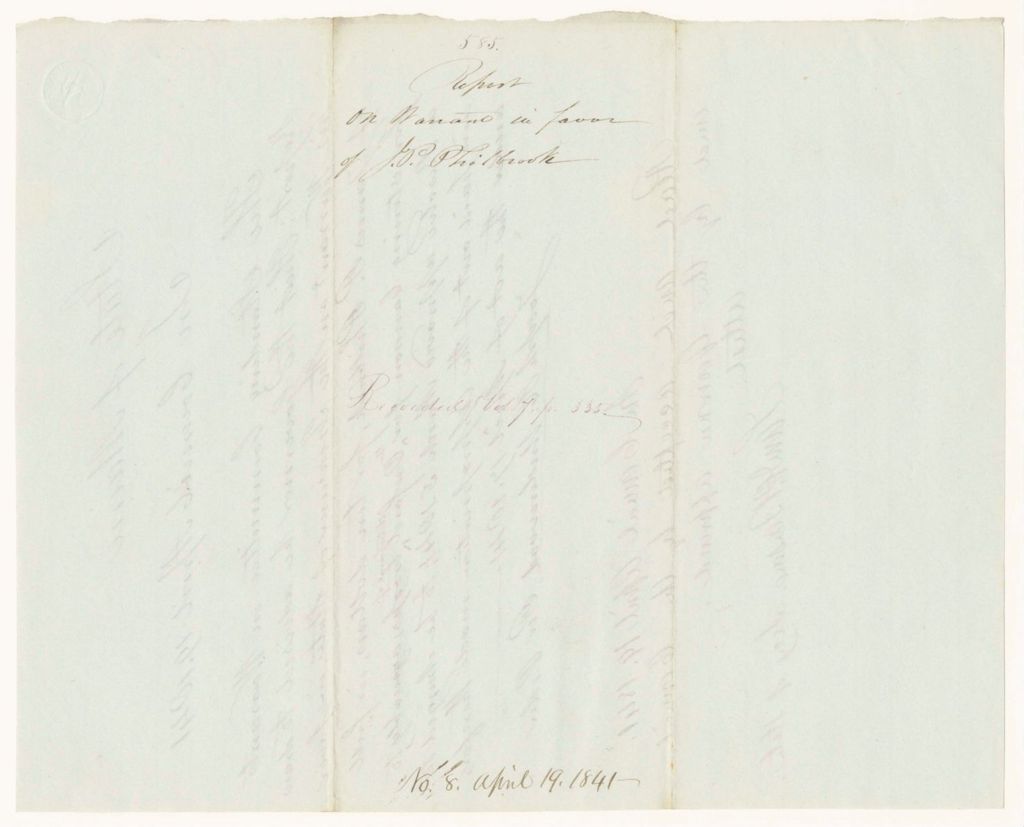 Miniature of Report 585: Report on Warrant in Favor of James P. Philbrick, for Storing a Cannon for Oxford Troops