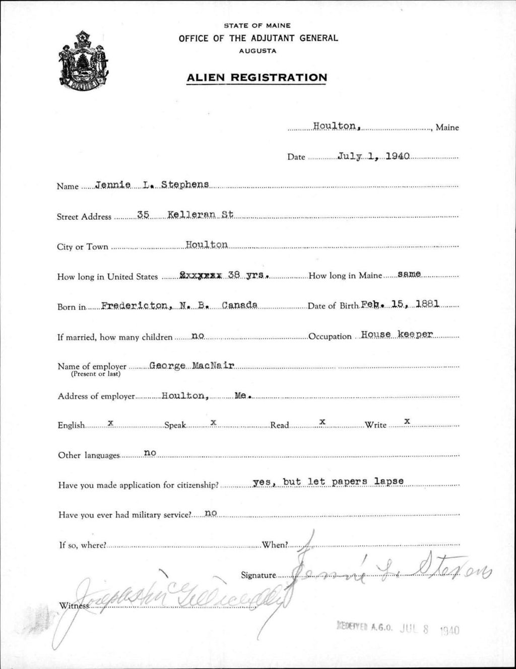 Miniature of Alien Registration- Stephens, Jennie L. (Houlton, Aroostook County)