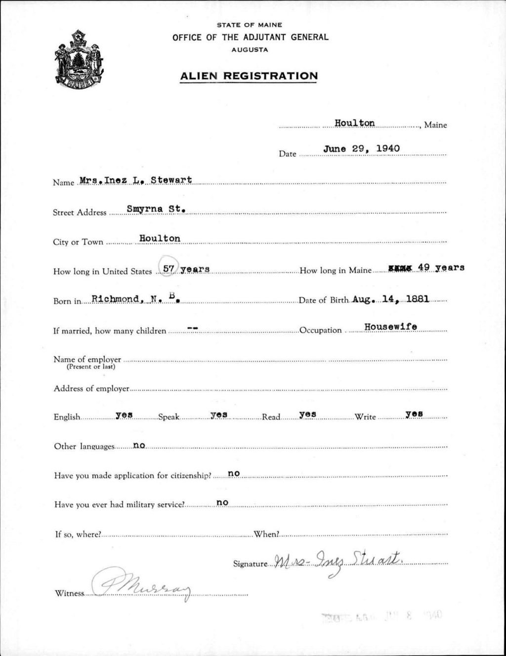Miniature of Alien Registration- Stewart, Inez L. (Houlton, Aroostook County)