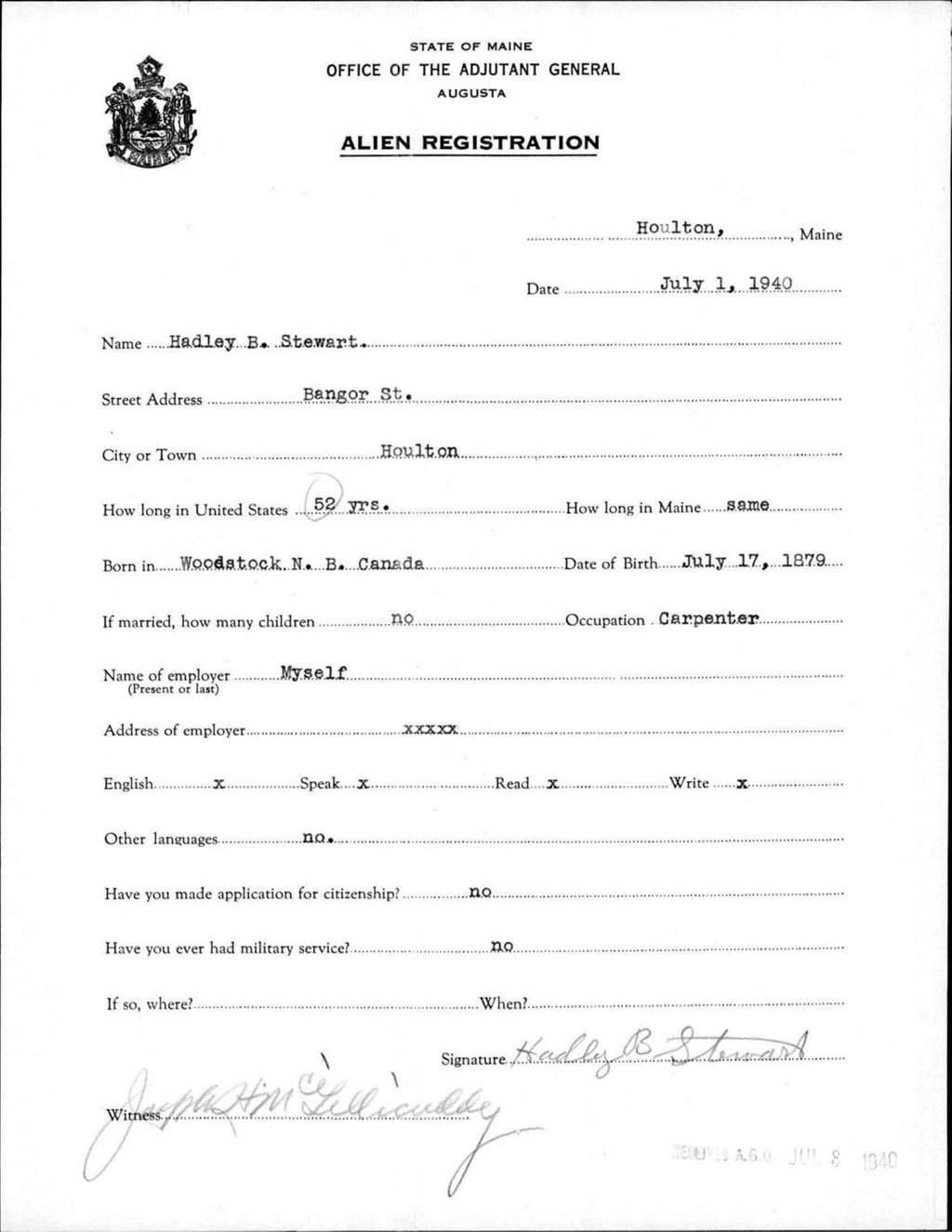 Miniature of Alien Registration- Stewart, Hadley B. (Houlton, Aroostook County)