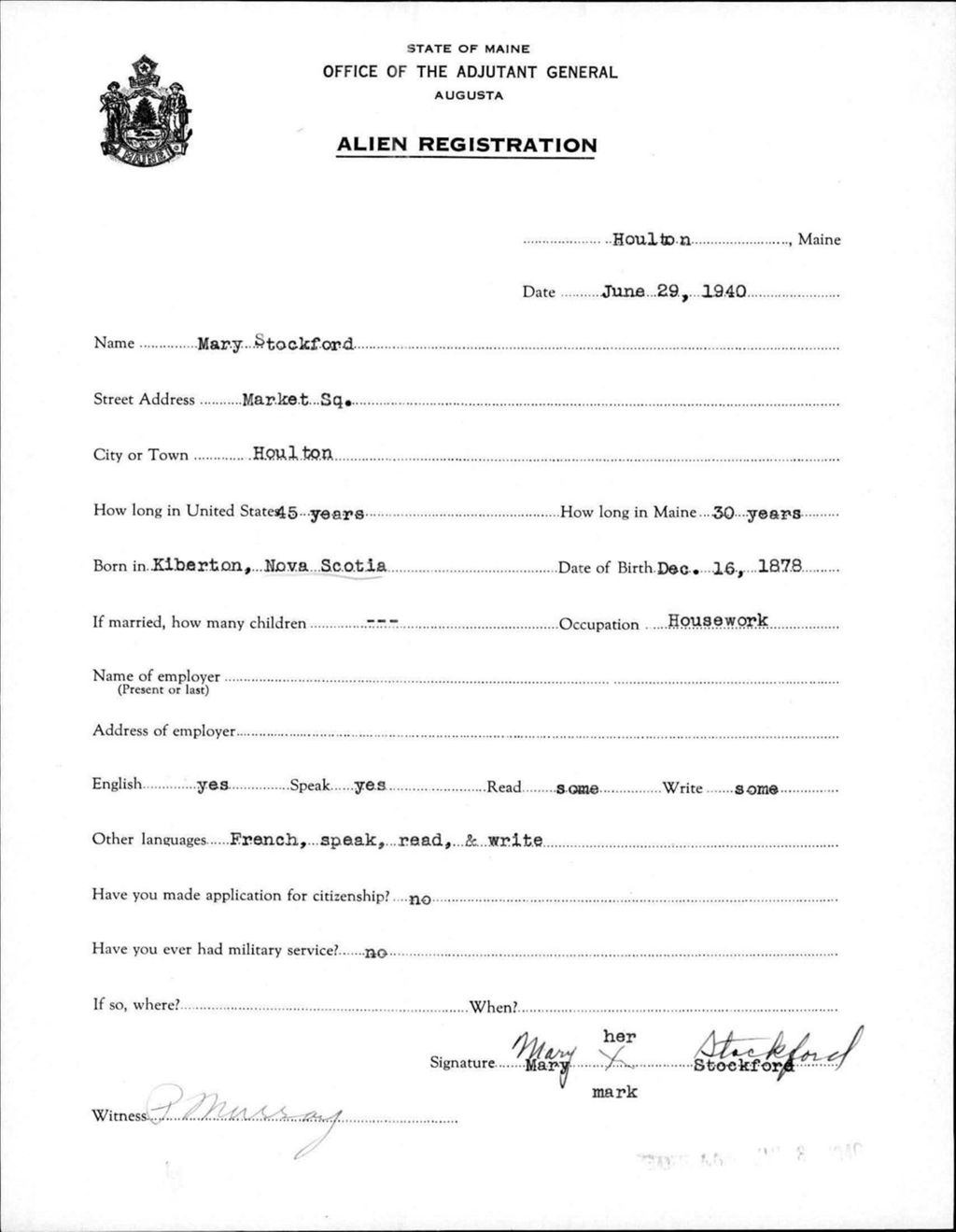 Miniature of Alien Registration- Stockford, Mary (Houlton, Aroostook County)