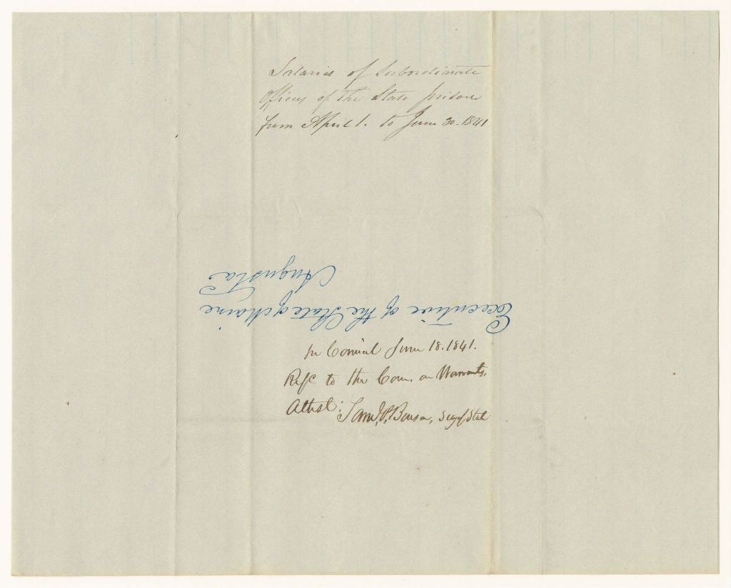 Miniature of Schedule of the Subordinate Officers of the State Prison and the sums due them on the Quarter ending June 30th, 1841