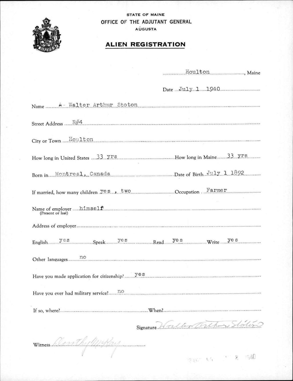 Miniature of Alien Registration- Stoton, Walter A. (Houlton, Aroostook County)
