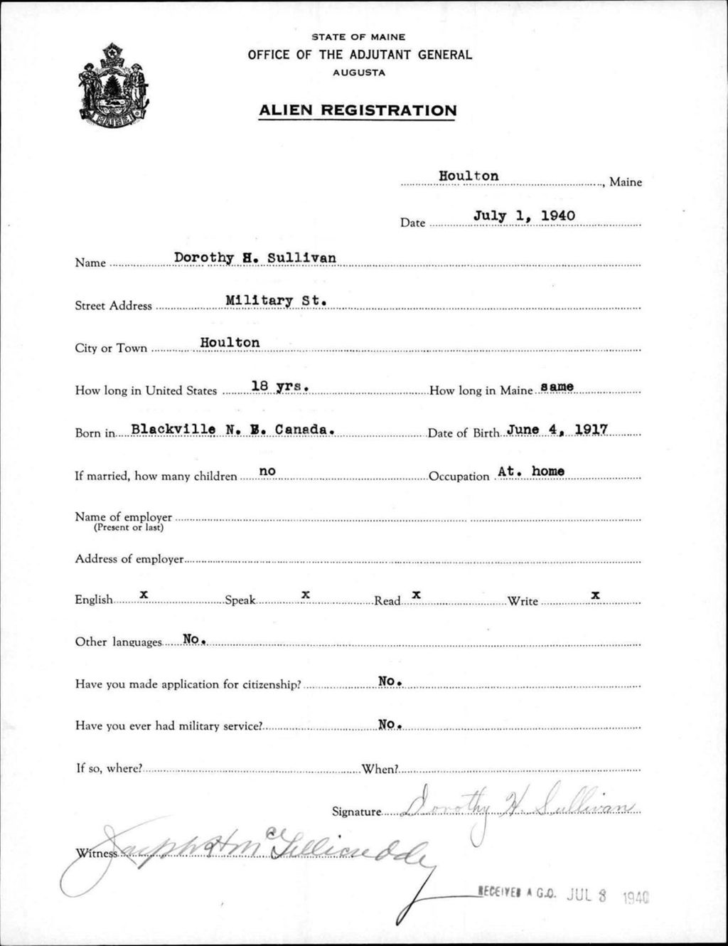Miniature of Alien Registration- Sullivan, Dorothy H. (Houlton, Aroostook County)