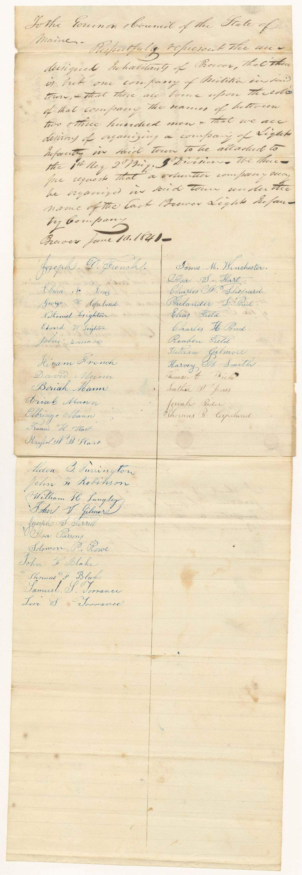 Miniature of Petition of Joseph D. French and others to be organized into a Light Infantry Company in the 1st Regiment, 2nd Brigade, 9th Division