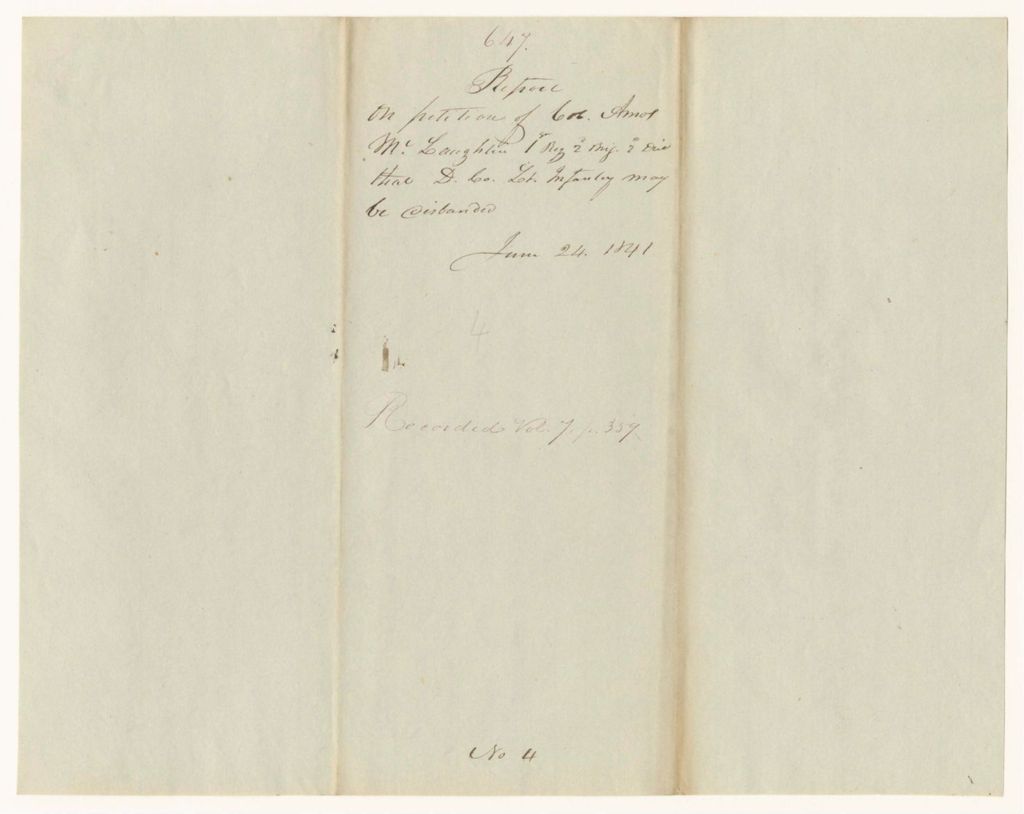 Miniature of Report 647: Report on Petition of Colonel Amos McLaughlin that "D" Company of Light Infantry, 1st Regiment, 2nd Brigade, 2nd Division, May be Disbanded