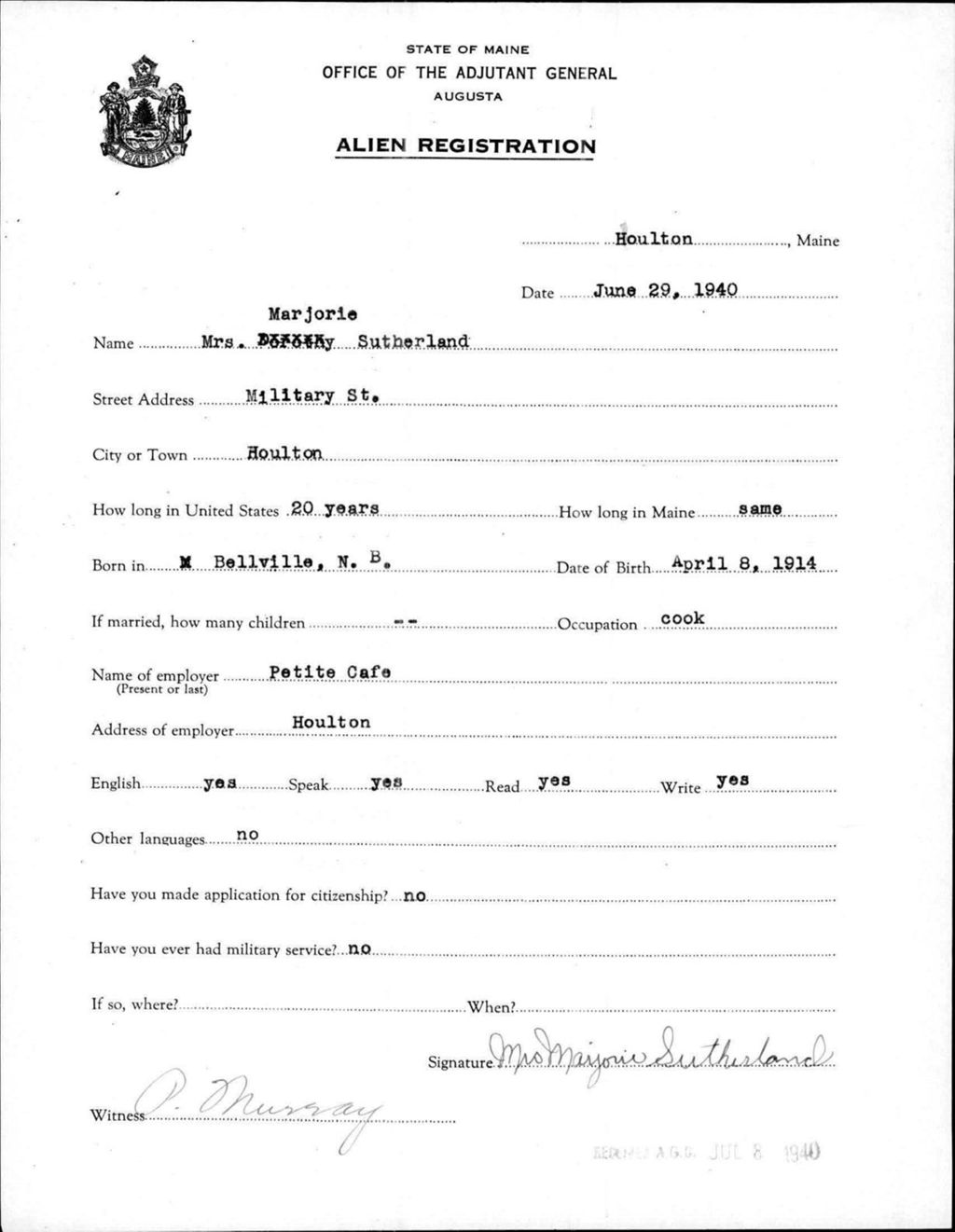 Miniature of Alien Registration- Sutherland, Marjorie (Houlton, Aroostook County)
