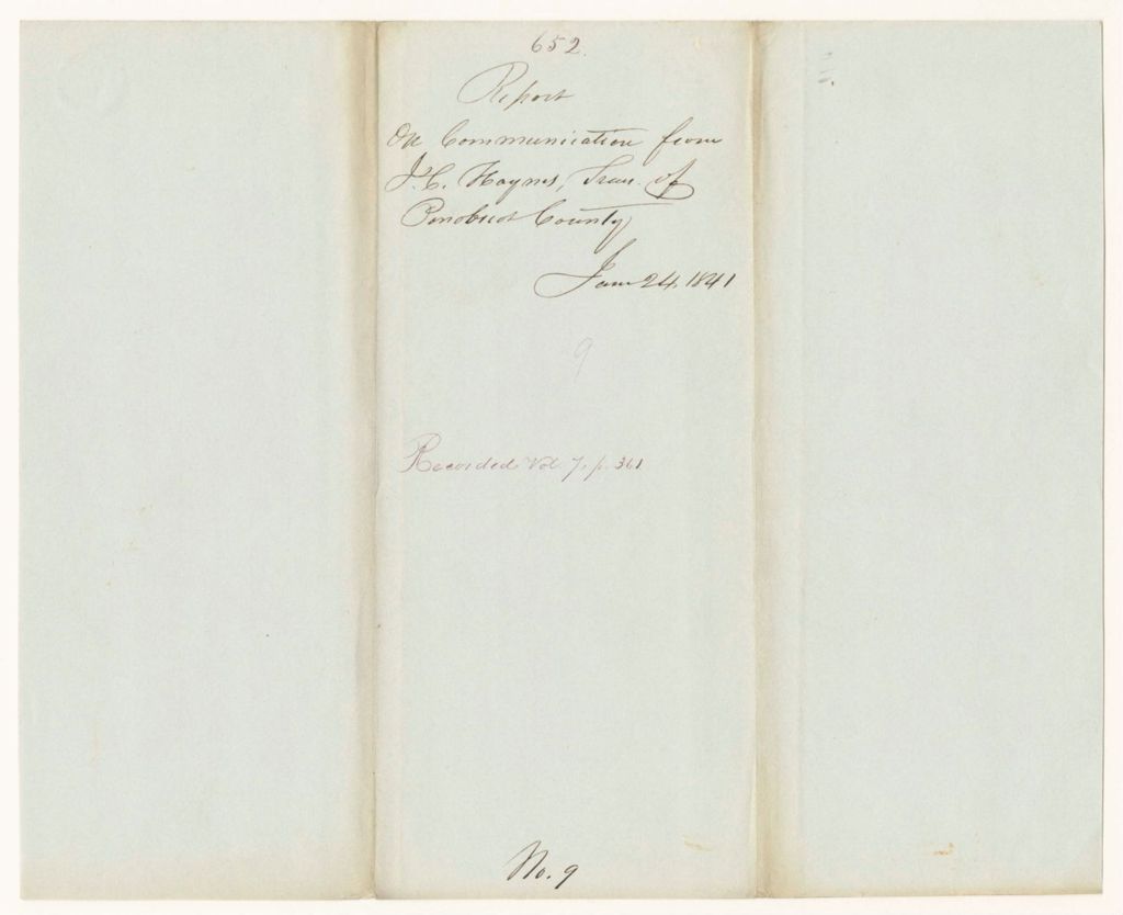 Miniature of Report 652: Report on Communication for I.C. Haynes Treasurer for Penobscot County in Relation to Loss of a Warrant