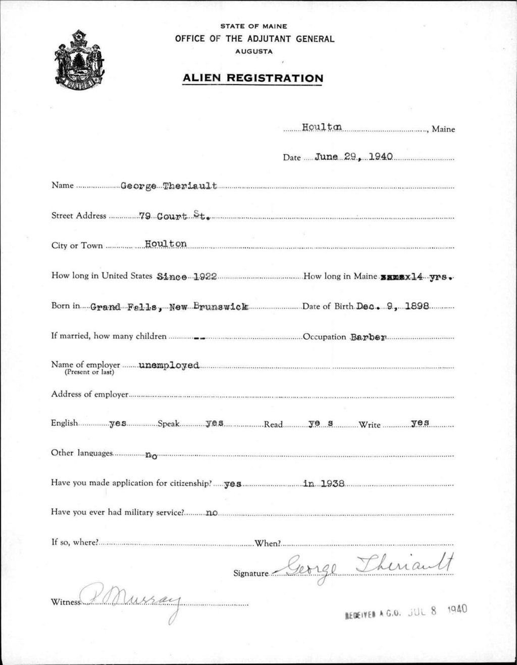 Miniature of Alien Registration- Theriault, George (Houlton, Aroostook County)