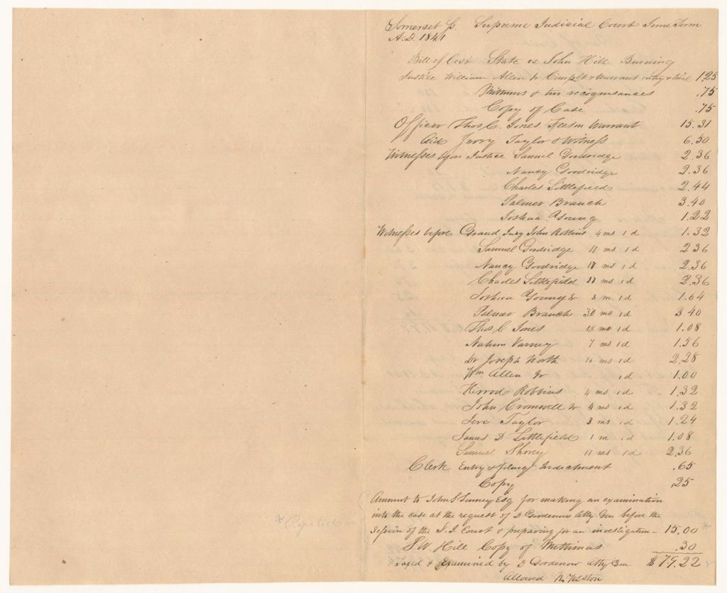 Miniature of Bills of Cost at the Supreme Judicial Court in Somerset County, June Term 1841