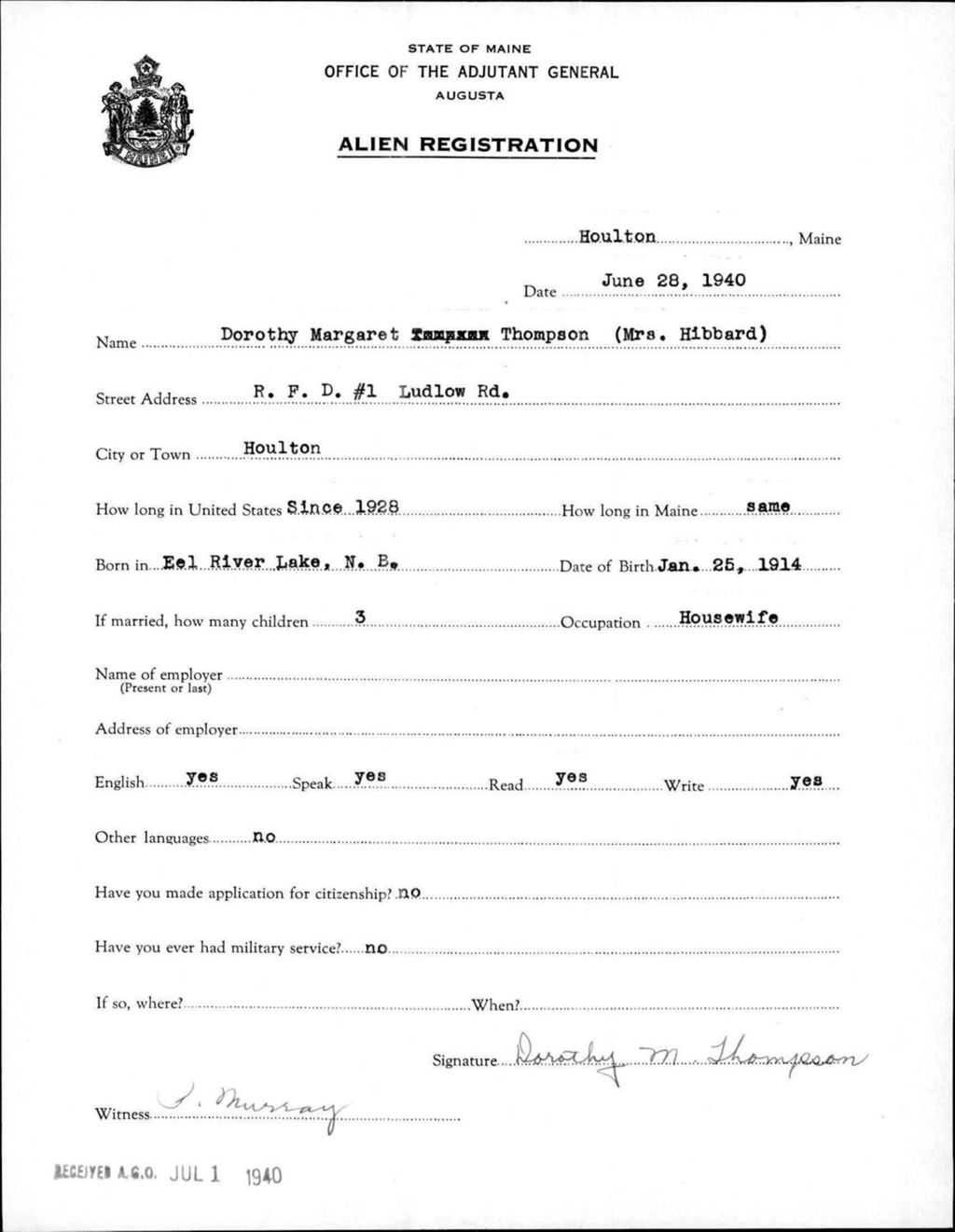 Miniature of Alien Registration- Thompson, Dorothy M. (Houlton, Aroostook County)